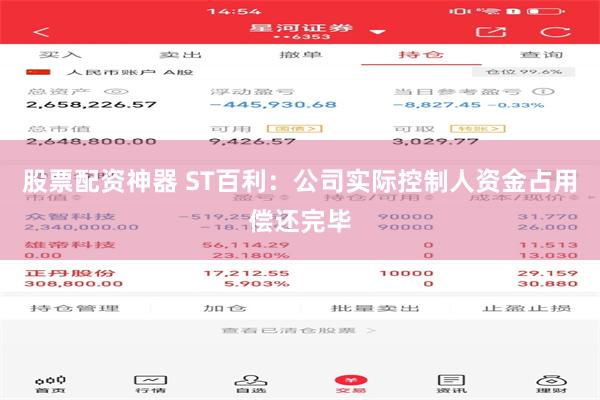 股票配资神器 ST百利：公司实际控制人资金占用偿还完毕